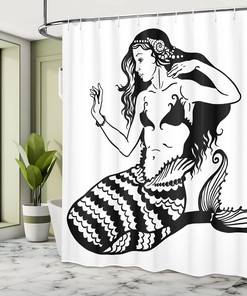 Monochrome Mermaid Shower Curtain, Mythological Young Girl Fish Tail Classic Style Art, Underwater Bathroom Decor