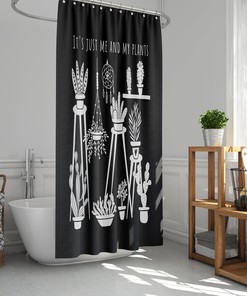 Monochrome Plants Shower Curtain - Cactus and Succulent Bathroom Decor with Black and White Print