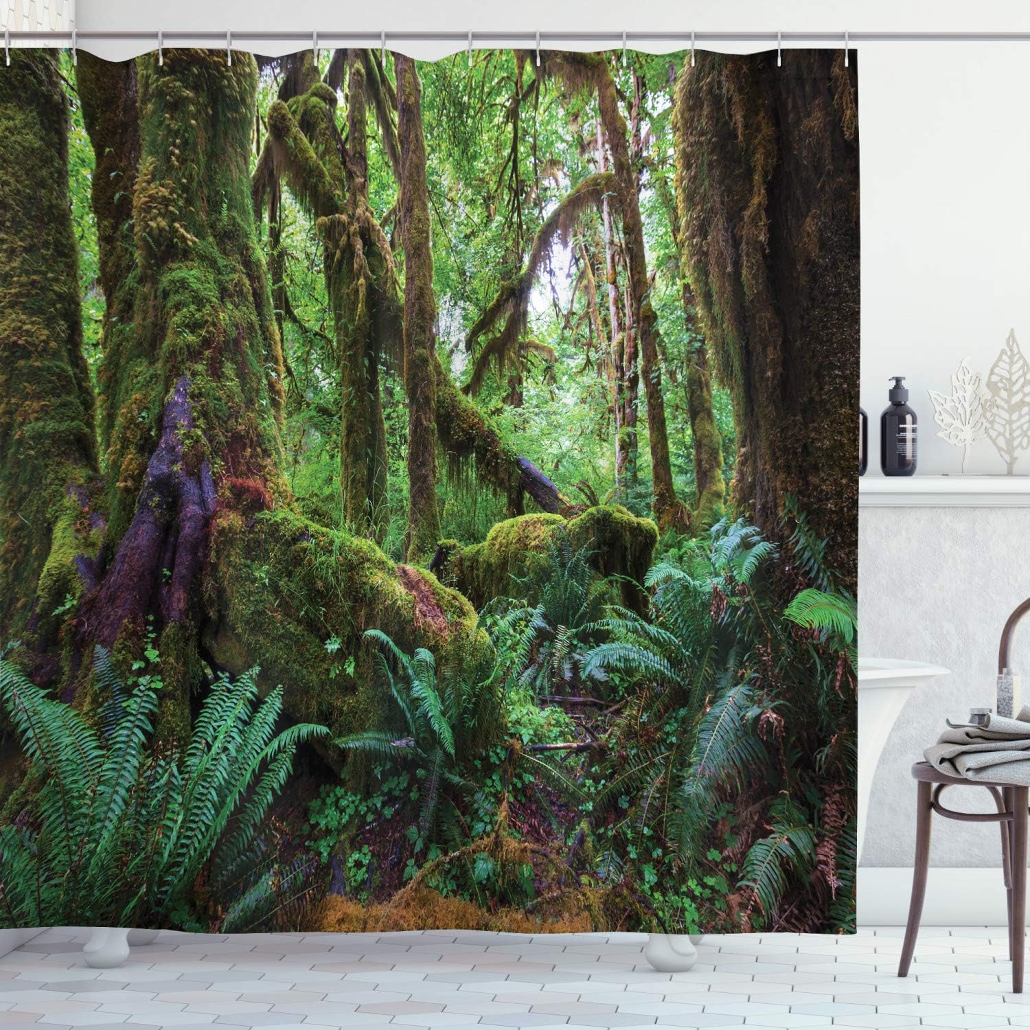 Monsoon Jungle Shower Curtain, Tropical Vegetation Wallpaper Print for Bathroom Decor, Green and Brown Cloth Fabric