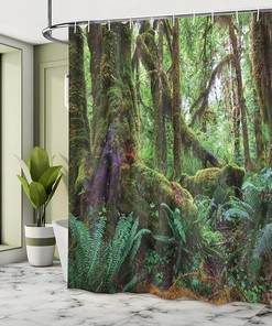 Monsoon Jungle Shower Curtain, Tropical Vegetation Wallpaper Print for Bathroom Decor, Green and Brown Cloth Fabric