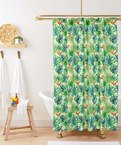 Monstera Palm Green Leaves Pattern Fabric Shower Curtain for Botanical Bathroom Decor