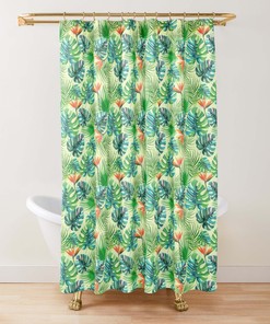Monstera Palm Green Leaves Pattern Fabric Shower Curtain for Botanical Bathroom Decor