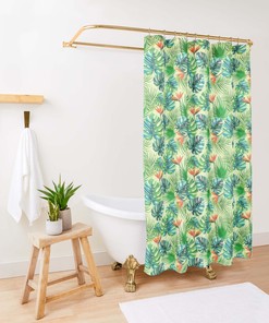 Monstera Palm Green Leaves Pattern Fabric Shower Curtain for Botanical Bathroom Decor
