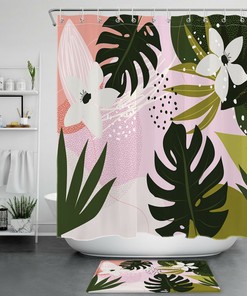 Monstera Palm Tree Leaves Shower Curtain - Abstract Design with Summer Botanical Theme for Bathroom 