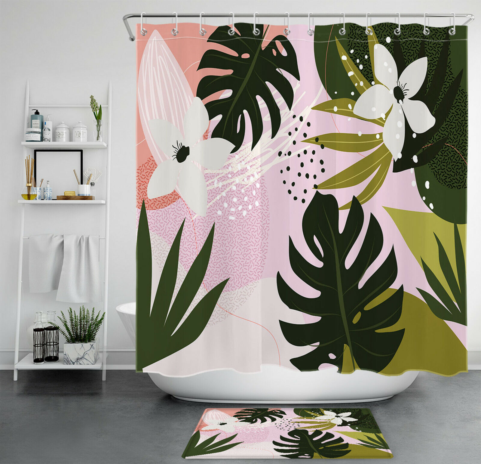 Monstera Palm Tree Leaves Shower Curtain - Abstract Design with Summer Botanical Theme for Bathroom