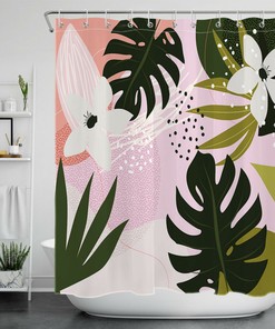 Monstera Palm Tree Leaves Shower Curtain - Abstract Design with Summer Botanical Theme for Bathroom
