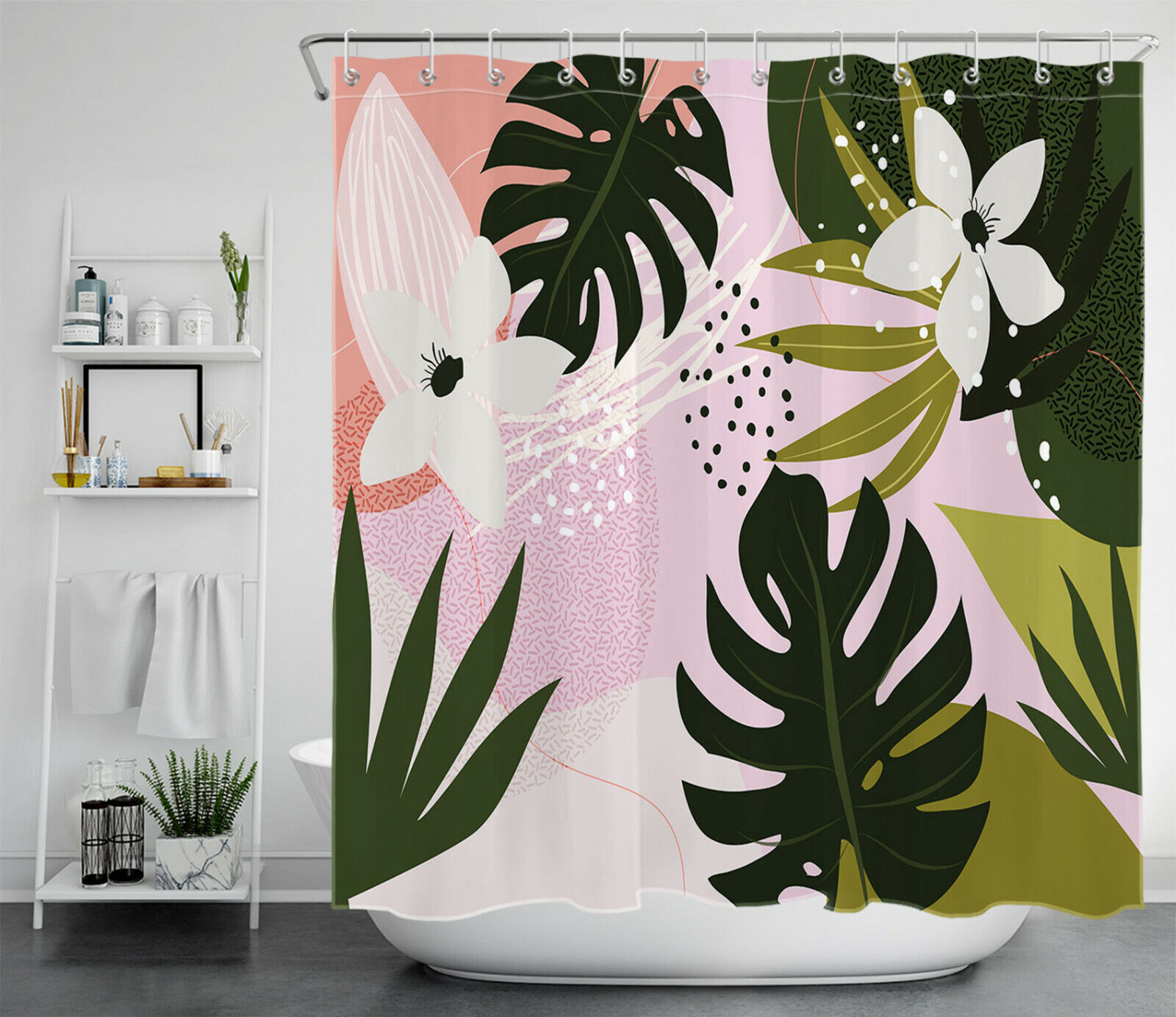 Monstera Palm Tree Leaves Shower Curtain - Abstract Design with Summer Botanical Theme for Bathroom