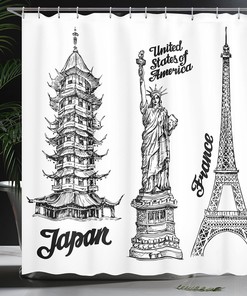 Monument of Liberty Eiffel Tower Shower Curtain, Japanese Building Urban for Home Bathroom Decor