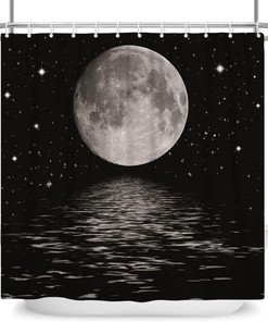 Moon Over Ocean Shower Curtain - Full Moon Black Water and Cloud Bathroom Decor with Starry Sky