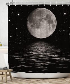 Moon Over Ocean Shower Curtain - Full Moon Black Water and Cloud Bathroom Decor with Starry Sky