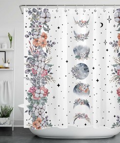 Moon Phase Shower Curtain with Abstract Bohemian Flowers for a Unique Bathroom Accessory