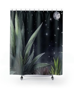 Moon Phases & Aloe Shower Curtain - Celestial Fungi Bathroom Decor 