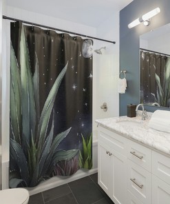 Moon Phases & Aloe Shower Curtain - Celestial Fungi Bathroom Decor