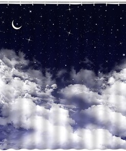 Moon Shower Curtain with Night Starry Sky Stars Fantasy Galaxy Universe Black Cosmic Fabric - Perfect for Bathroom Curtains Decor
