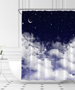 Moon Shower Curtain with Night Starry Sky Stars Fantasy Galaxy Universe Black Cosmic Fabric - Perfect for Bathroom Curtains Decor