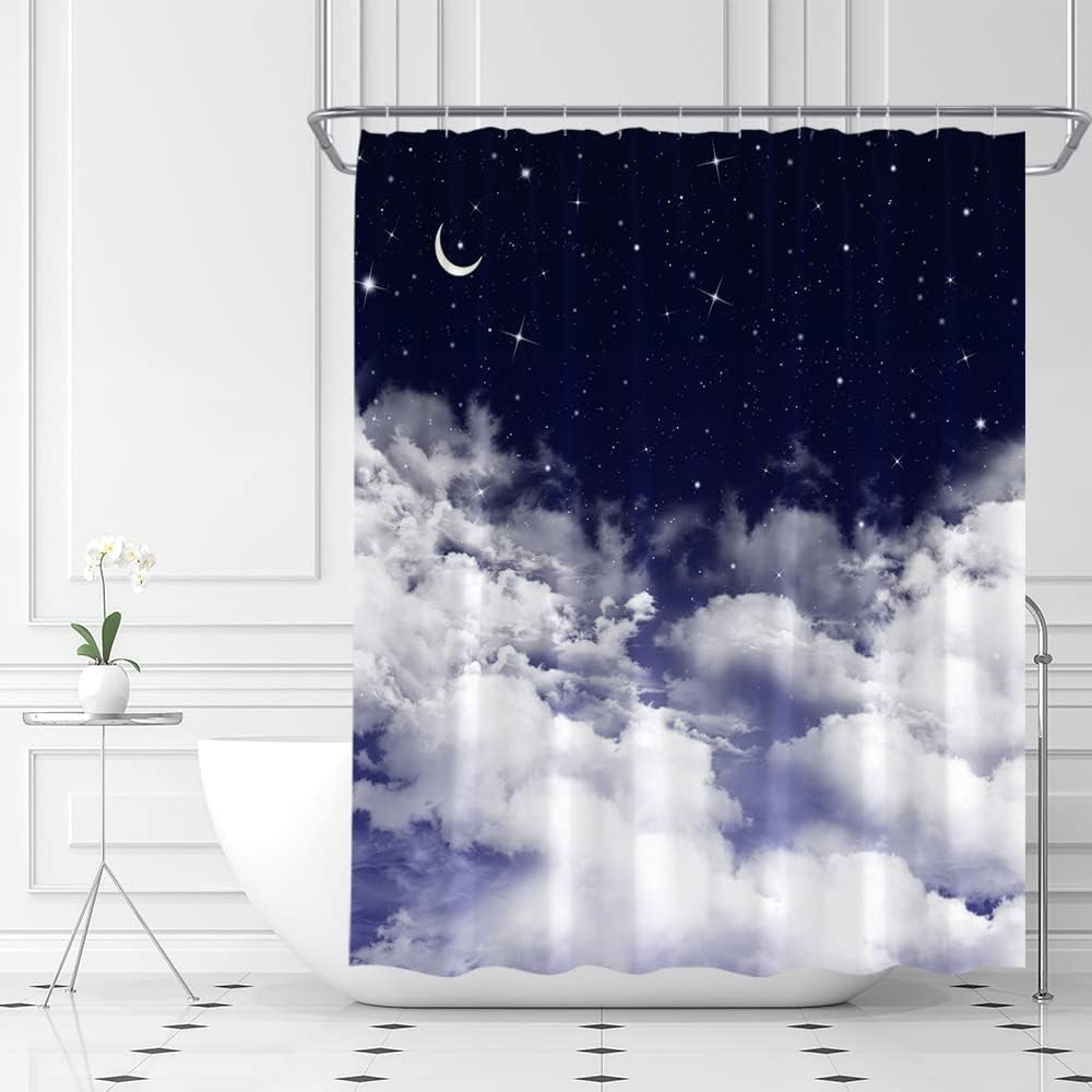 Moon Shower Curtain with Night Starry Sky Stars Fantasy Galaxy Universe Black Cosmic Fabric - Perfect for Bathroom Curtains Decor