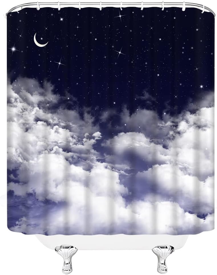 Moon Shower Curtain with Night Starry Sky Stars Fantasy Galaxy Universe Black Cosmic Fabric - Perfect for Bathroom Curtains Decor