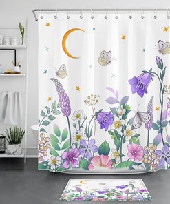 Moon, Star, Butterfly, and Flower Shower Curtain with Bohemia Art Style, Great for Bathroom Decor - Home Decor