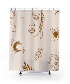 Moon and Sun Celestial Boho Shower Curtain, Female Face and Leaves, Modern Abstract Art Bathroom Decor