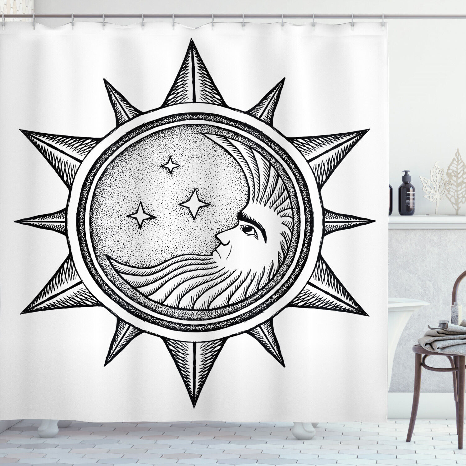 Moon with Stars in Sun Print Artsy 84 Extralong Shower Curtain for Bathroom Decor