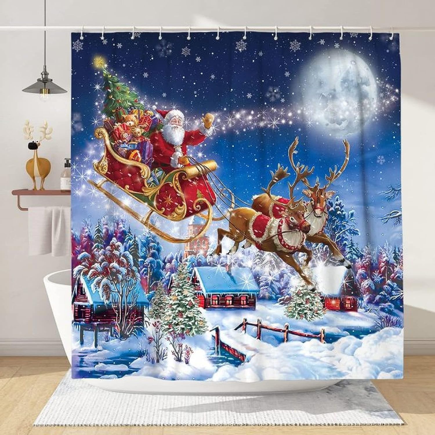 Moose Snowflake Christmas Tree Waterproof Shower Curtain for Bathroom Decor - Christmas Decoration_bathroom decor