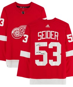 Moritz Seider Detroit Red Wings Autographed Jersey With Nhl Debut 10/14/21 Inscription - Red
