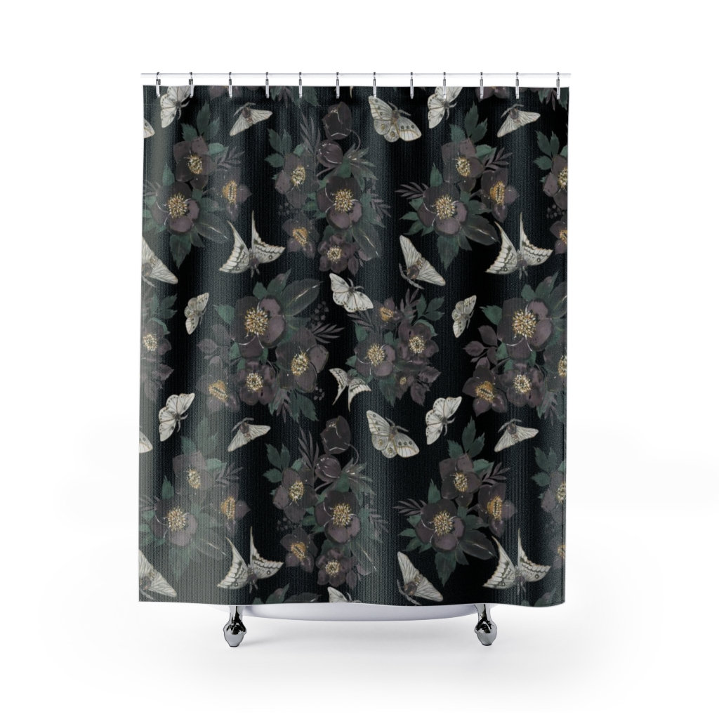 Moth and Floral Gothic Shower Curtain - Nature Bathroom Decor