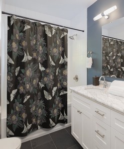 Moth and Floral Gothic Shower Curtain - Nature Bathroom Decor