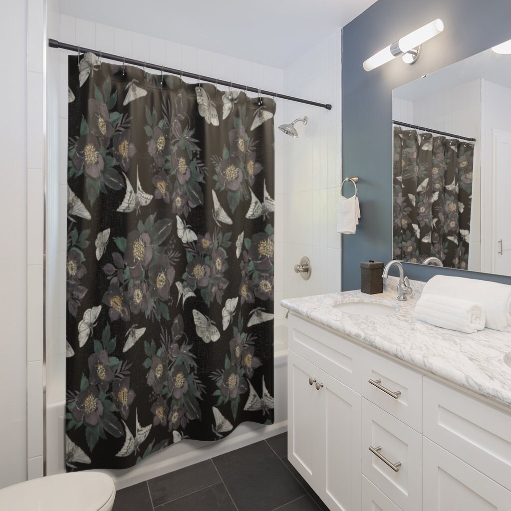 Moth and Floral Gothic Shower Curtain - Nature Bathroom Decor