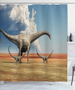 Mother Diplodocus Dinosaur Shower Curtain, Clouds Illustrations Bathroom Decor, Home Decor Blue/Grey