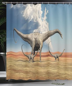 Mother Diplodocus Dinosaur Shower Curtain, Clouds Illustrations Bathroom Decor, Home Decor Blue/Grey