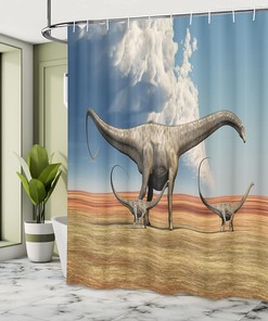 Mother Diplodocus Dinosaur Shower Curtain, Clouds Illustrations Bathroom Decor, Home Decor Blue/Grey