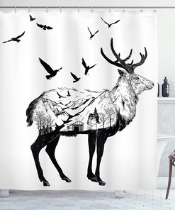 Mountain Bird Shower Curtain, Hand Drawn Countryside Wildlife Themed Print with Cottage Scene- Home Decor