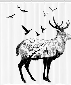 Mountain Bird Shower Curtain, Hand Drawn Countryside Wildlife Themed Print with Cottage Scene- Home Decor