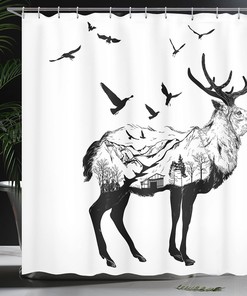 Mountain Bird Shower Curtain, Hand Drawn Countryside Wildlife Themed Print with Cottage Scene- Home Decor