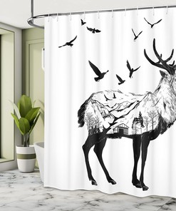 Mountain Bird Shower Curtain, Hand Drawn Countryside Wildlife Themed Print with Cottage Scene- Home Decor