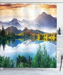 Mountain Lake View Shower Curtain, Sunny Day Nature Art Paintings Fabric Bathroom Decor, Green/Blue/Brown