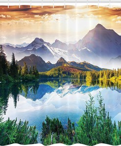 Mountain Lake View Shower Curtain, Sunny Day Nature Art Paintings Fabric Bathroom Decor, Green/Blue/Brown