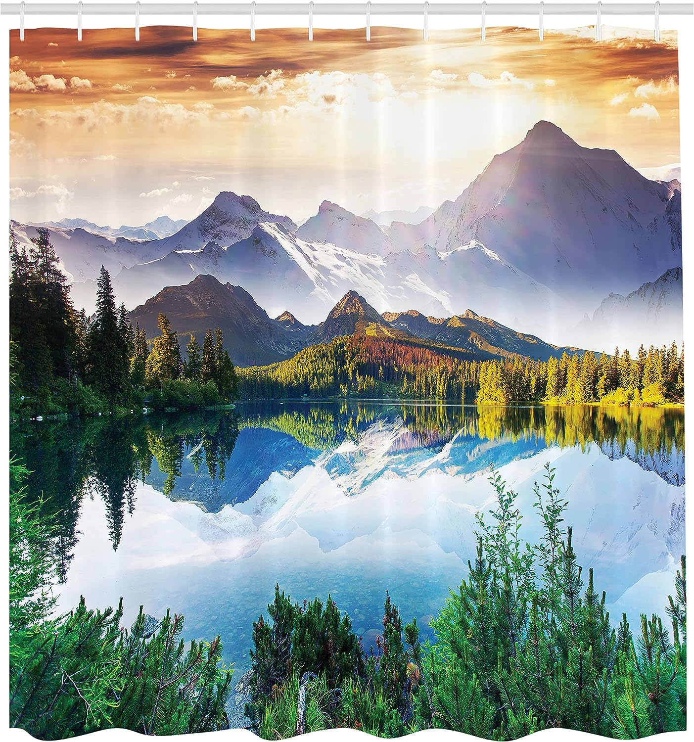Mountain Lake View Shower Curtain, Sunny Day Nature Art Paintings Fabric Bathroom Decor, Green/Blue/Brown
