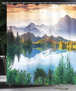 Mountain Lake View Shower Curtain, Sunny Day Nature Art Paintings Fabric Bathroom Decor, Green/Blue/Brown