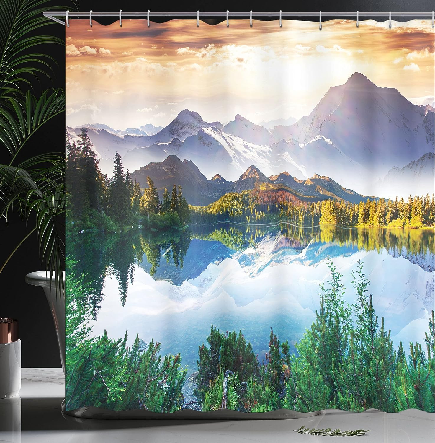 Mountain Lake View Shower Curtain, Sunny Day Nature Art Paintings Fabric Bathroom Decor, Green/Blue/Brown