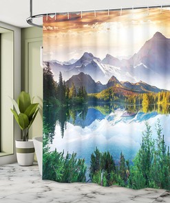 Mountain Lake View Shower Curtain, Sunny Day Nature Art Paintings Fabric Bathroom Decor, Green/Blue/Brown