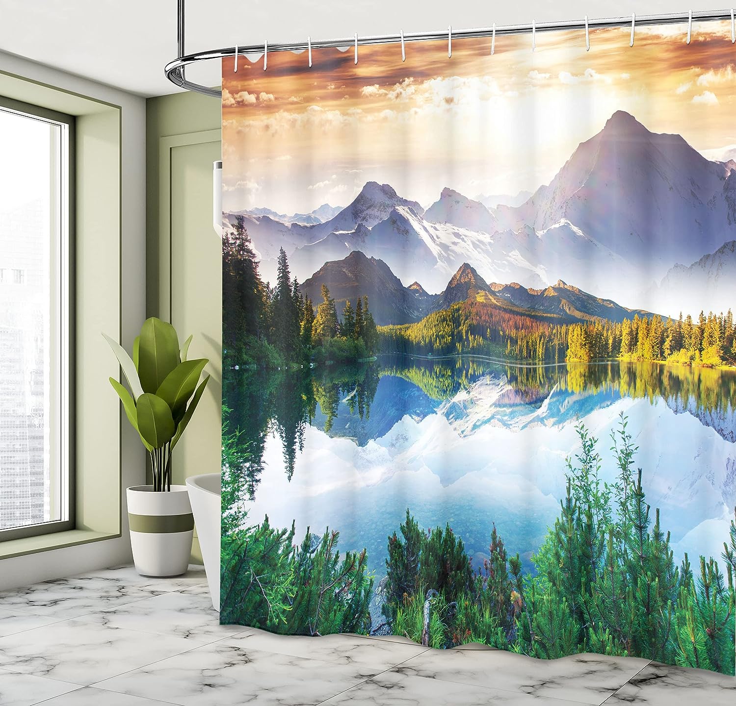 Mountain Lake View Shower Curtain, Sunny Day Nature Art Paintings Fabric Bathroom Decor, Green/Blue/Brown