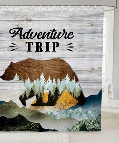 Mountain Scenery Shower Curtain with Abstract Bear Silhouette for Rustic Farmhouse Bathroom Decor 
