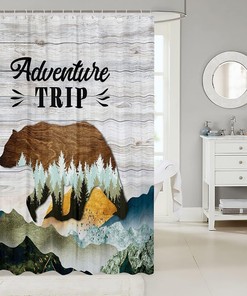 Mountain Scenery Shower Curtain with Abstract Bear Silhouette for Rustic Farmhouse Bathroom Decor