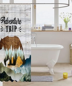 Mountain Scenery Shower Curtain with Abstract Bear Silhouette for Rustic Farmhouse Bathroom Decor 