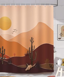 Mountain and Cactus Boho Shower Curtain, Mid Century Modern Abstract Sunset Bath Curtain