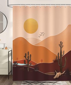 Mountain and Cactus Boho Shower Curtain, Mid Century Modern Abstract Sunset Bath Curtain