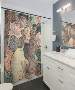 Mucha Style Mermaid Shower Curtain - Art Nouveau Bathroom Decor with Muted Pastel Colors and Underwater Garden Design