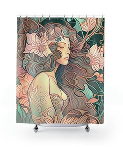 Mucha Style Mermaid Shower Curtain - Art Nouveau Bathroom Decor with Muted Pastel Colors and Underwater Garden Design